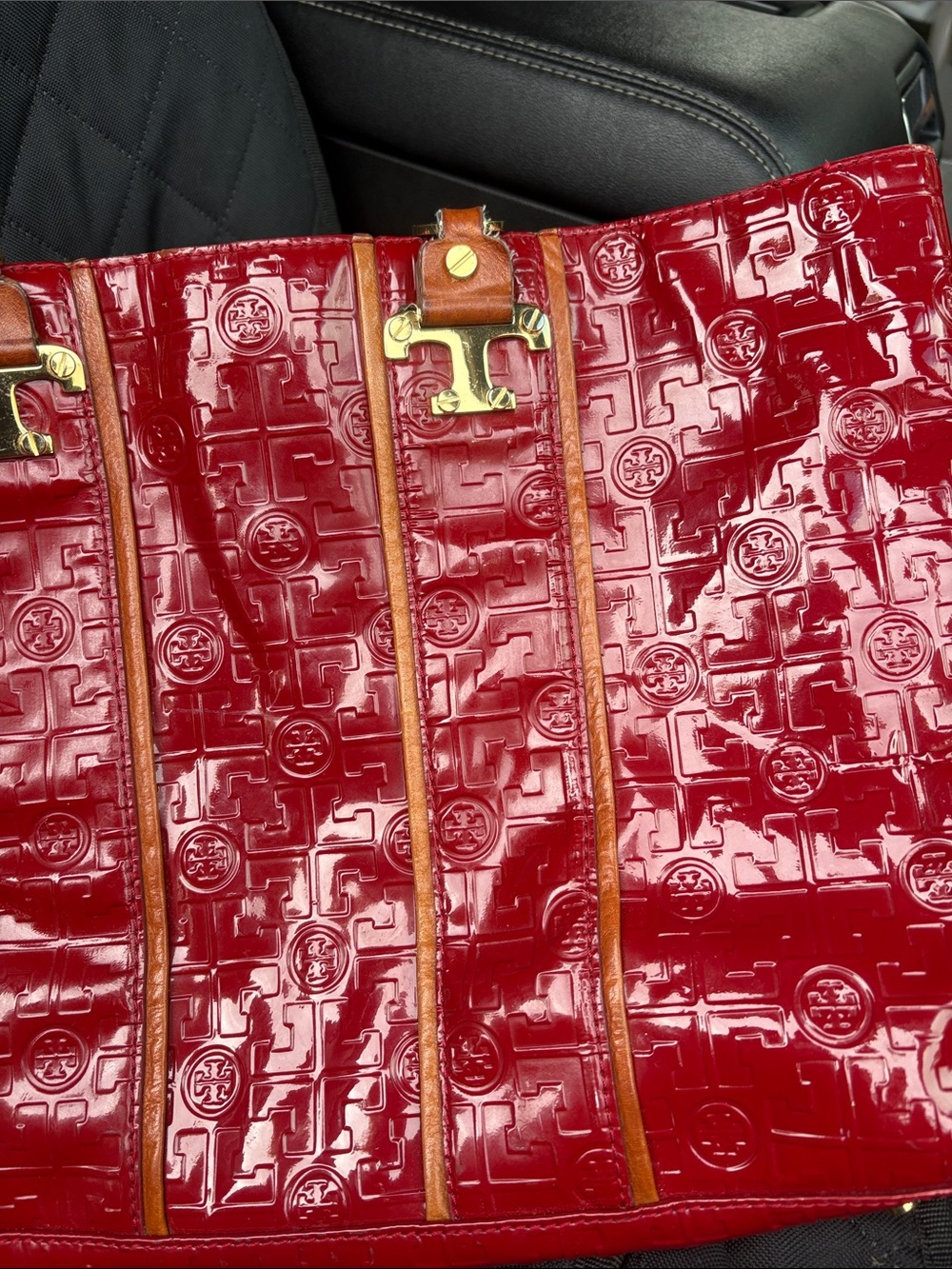 Tory Burch Red Patent Logo-Embossed Tote with Leather Trim